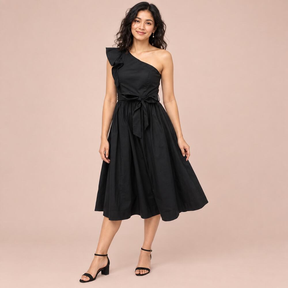 J.Crew Dress WMNS 8P Black One Shoulder Ruffle Fit Flare Midi Pockets Cocktail